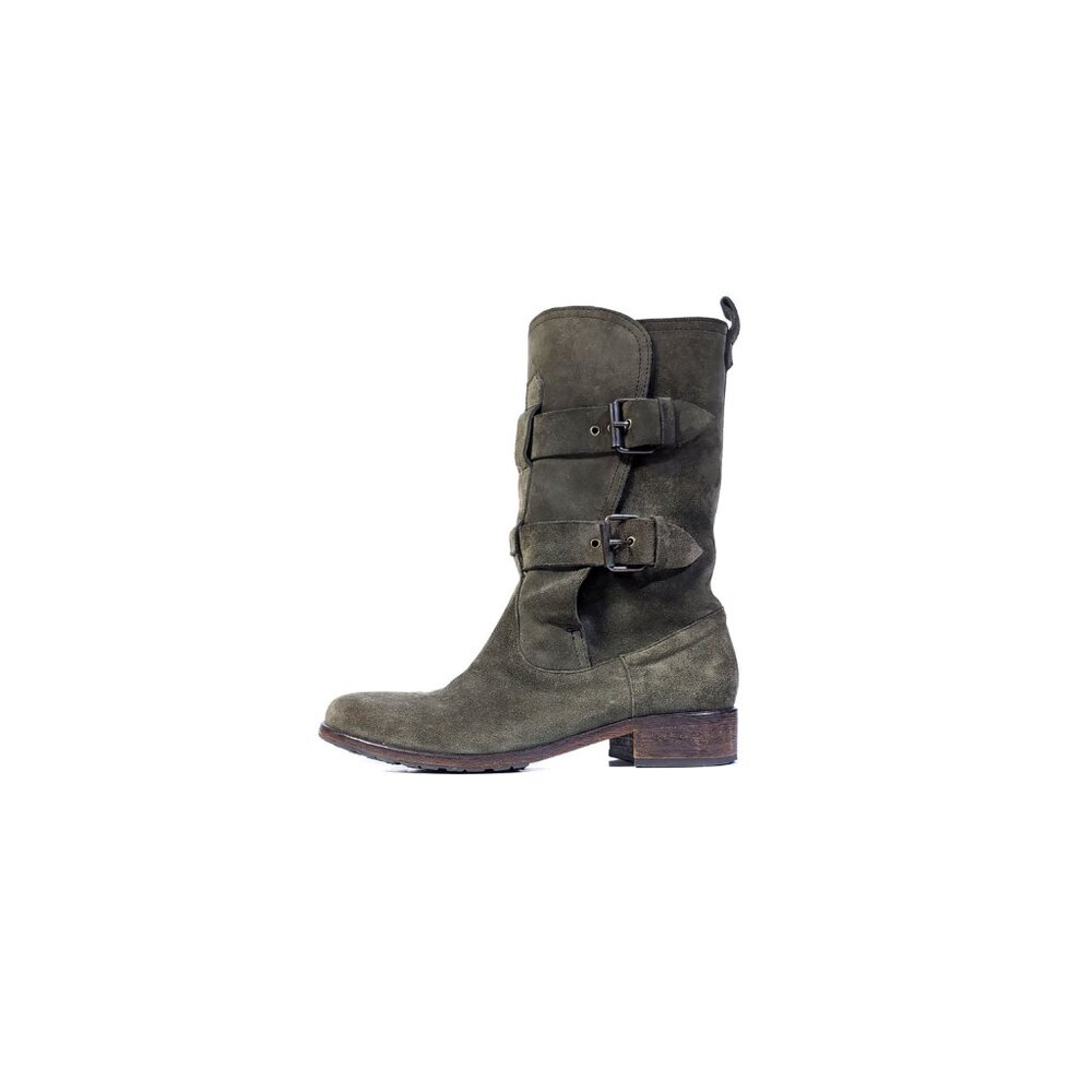 Moschino Y2K Boots Olive Green Suede Moto Boots Womens Size 7.5